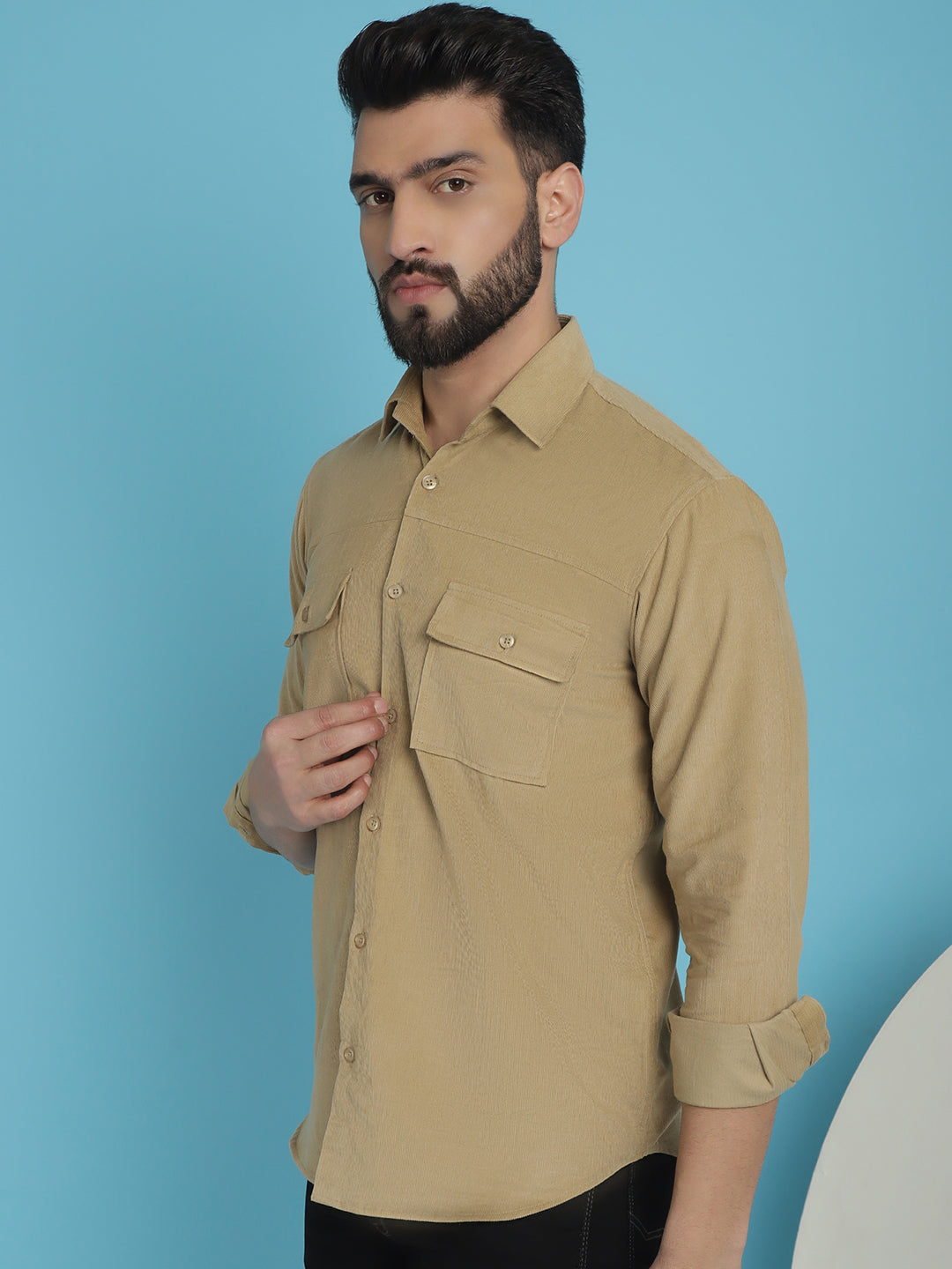 Indian Needle Men's Standard Corduroy Cotton Shirt - Beige | Grocsy