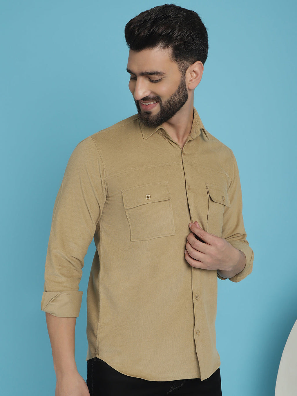 Indian Needle Men's Standard Corduroy Cotton Shirt - Beige | Grocsy