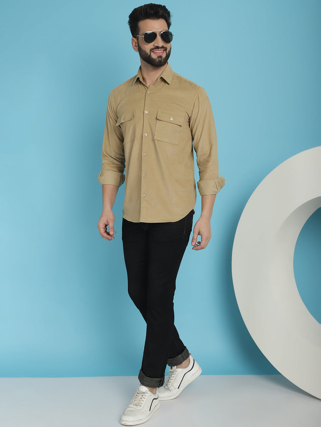 Indian Needle Men's Standard Corduroy Cotton Shirt - Beige | Grocsy