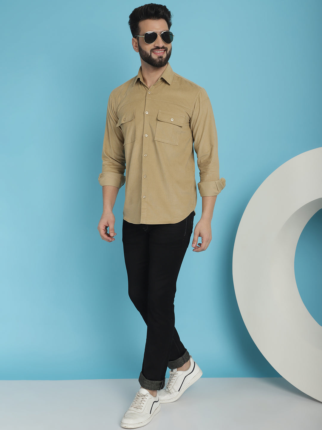 Indian Needle Men's Standard Corduroy Cotton Shirt - Beige | Grocsy