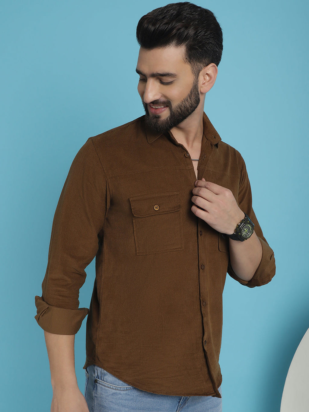 Indian Needle Men's Standard Corduroy Cotton Shirt - Brown | Grocsy