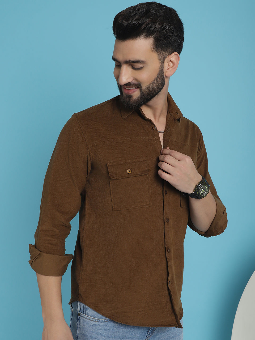 Indian Needle Men's Standard Corduroy Cotton Shirt - Brown | Grocsy
