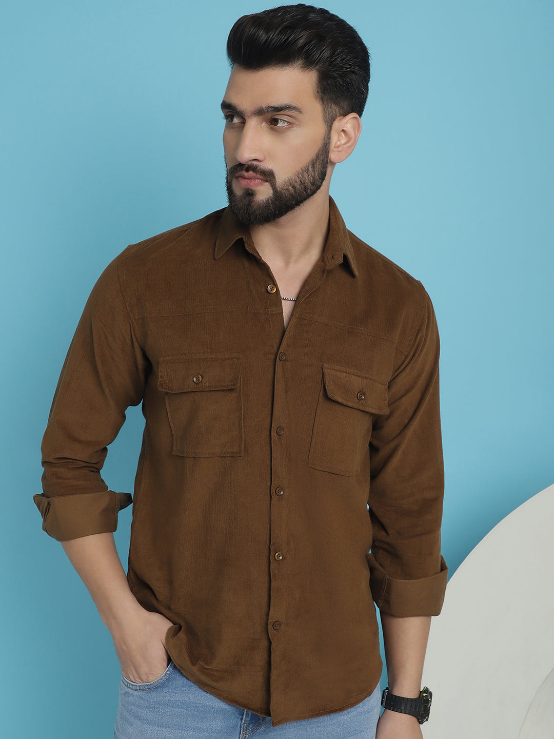 Indian Needle Men's Standard Corduroy Cotton Shirt - Brown | Grocsy