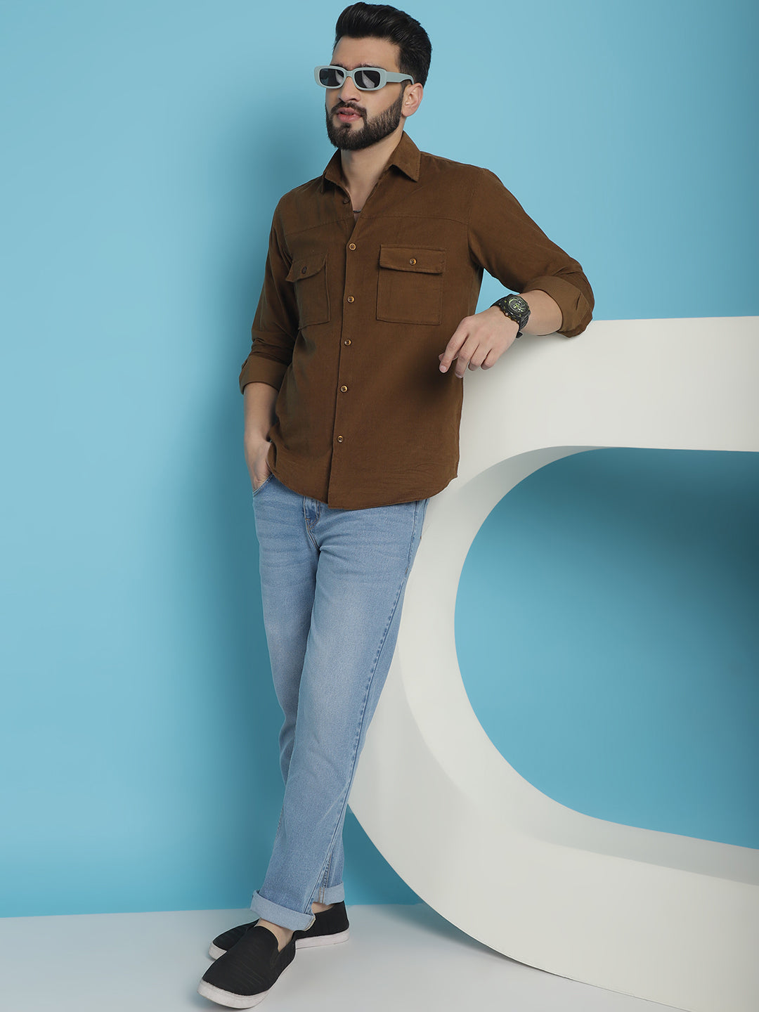 Indian Needle Men's Standard Corduroy Cotton Shirt - Brown | Grocsy