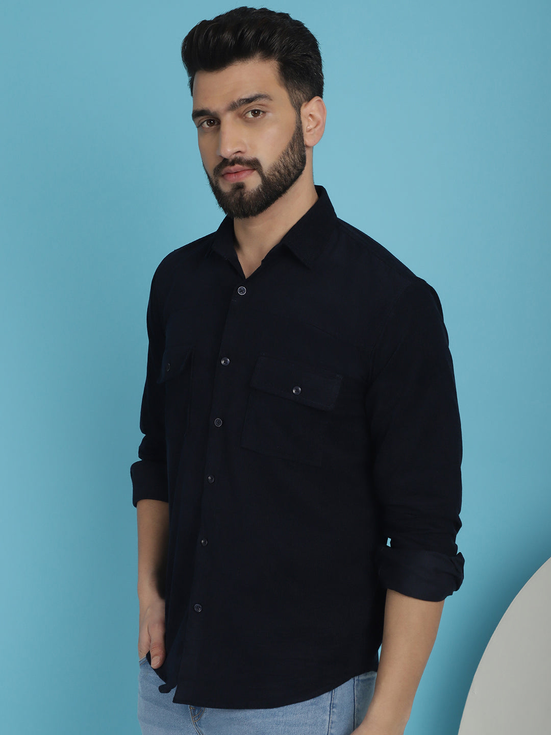 Indian Needle Men's Standard Corduroy Cotton Shirt - Navy Blue | Grocsy