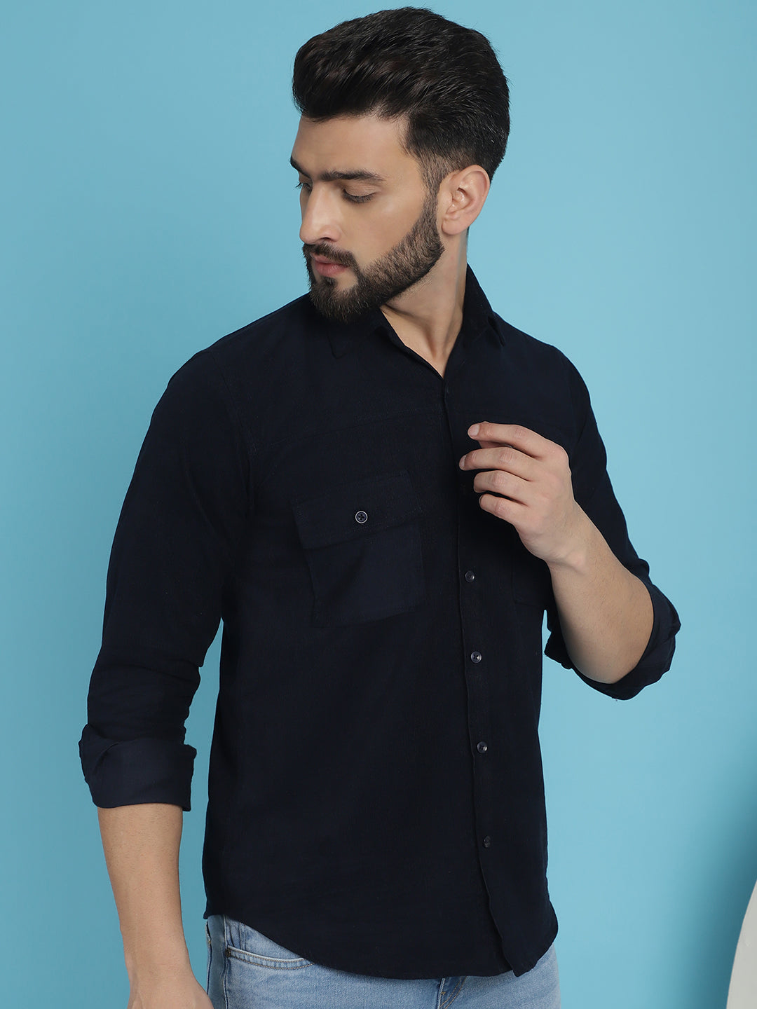 Indian Needle Men's Standard Corduroy Cotton Shirt - Navy Blue | Grocsy