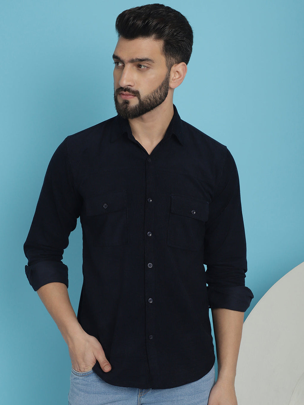 Indian Needle Men's Standard Corduroy Cotton Shirt - Navy Blue | Grocsy