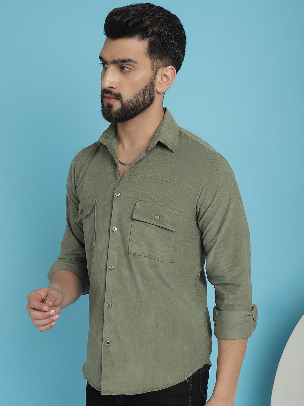 Indian Needle Men's Standard Corduroy Cotton Shirt - Pista | Grocsy