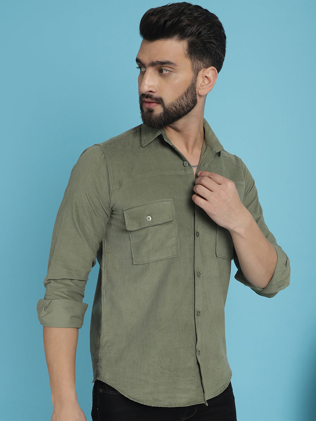Indian Needle Men's Standard Corduroy Cotton Shirt - Pista | Grocsy