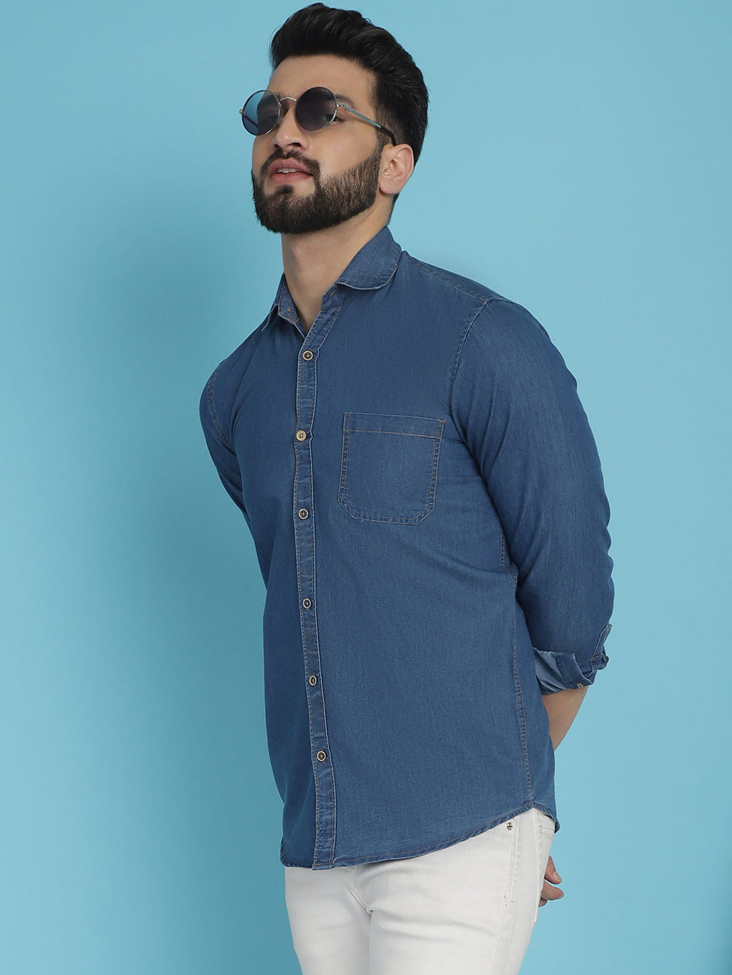 Indian Needle Men's Faded Cotton Denim Casual Shirt - Blue | Grocsy