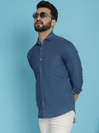 Indian Needle Men's Faded Cotton Denim Casual Shirt - Blue | Grocsy