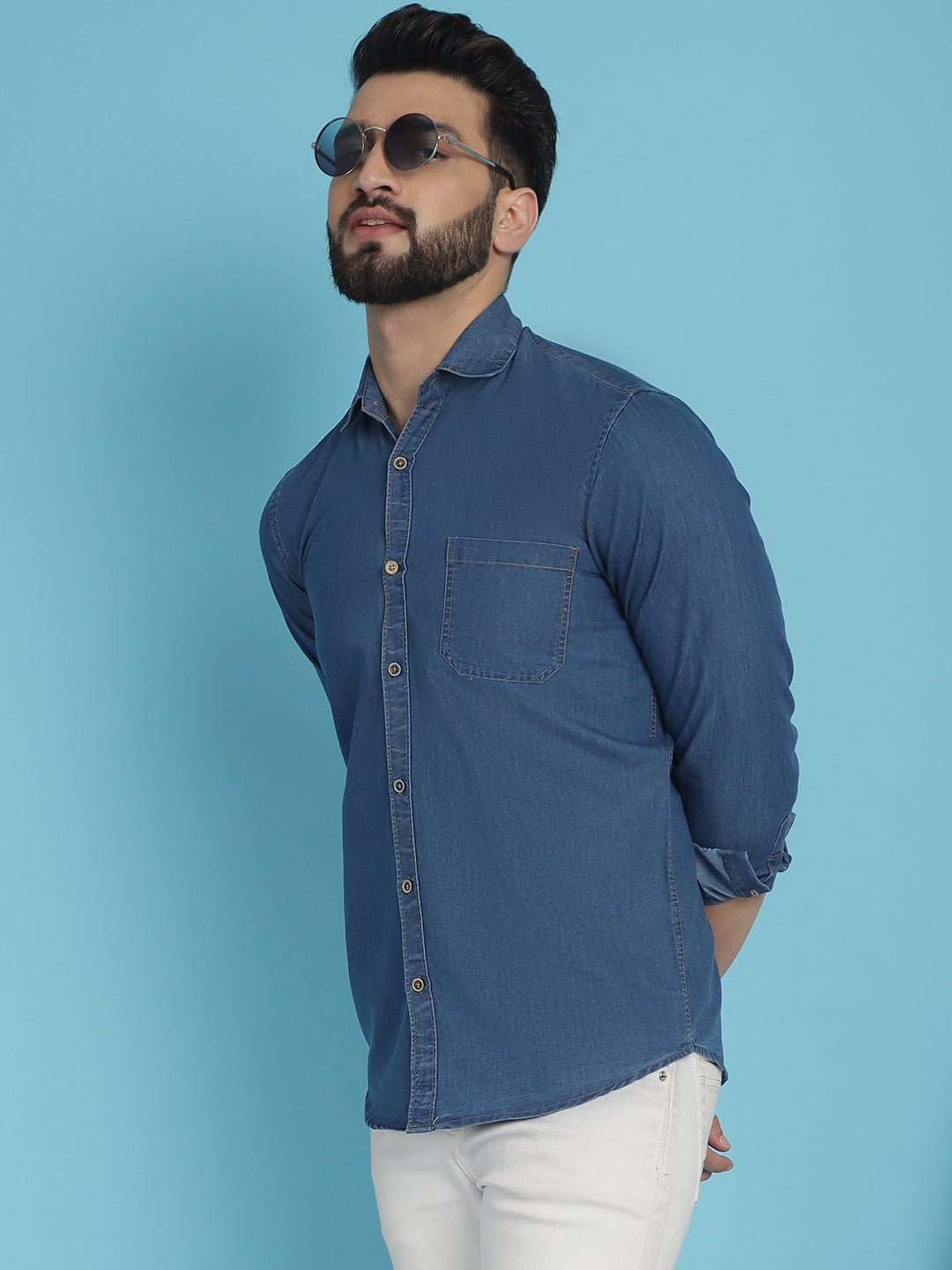 Indian Needle Men's Faded Cotton Denim Casual Shirt - Blue | Grocsy