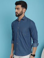 Indian Needle Men's Faded Cotton Denim Casual Shirt - Blue | Grocsy