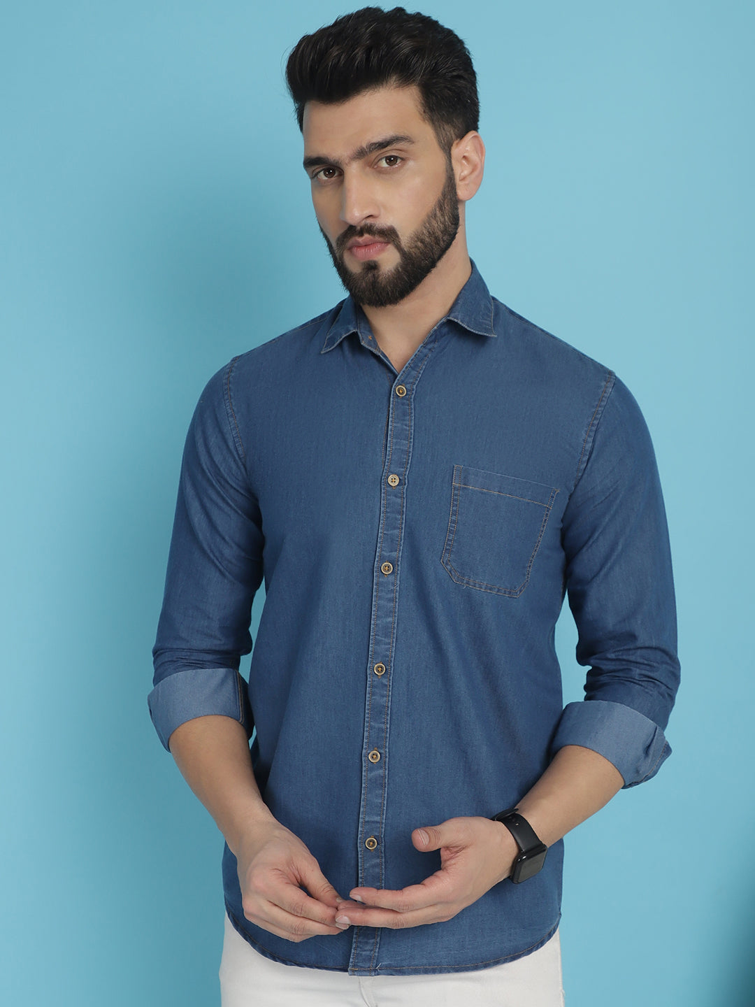 Indian Needle Men's Faded Cotton Denim Casual Shirt - Blue | Grocsy