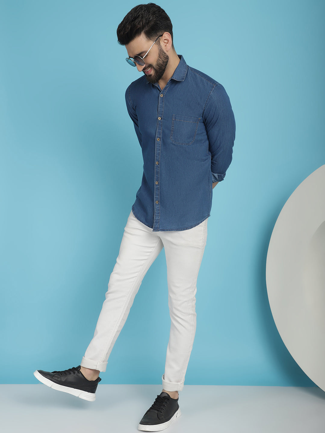 Indian Needle Men's Faded Cotton Denim Casual Shirt - Blue | Grocsy