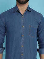 Indian Needle Men's Faded Cotton Denim Casual Shirt - Blue | Grocsy