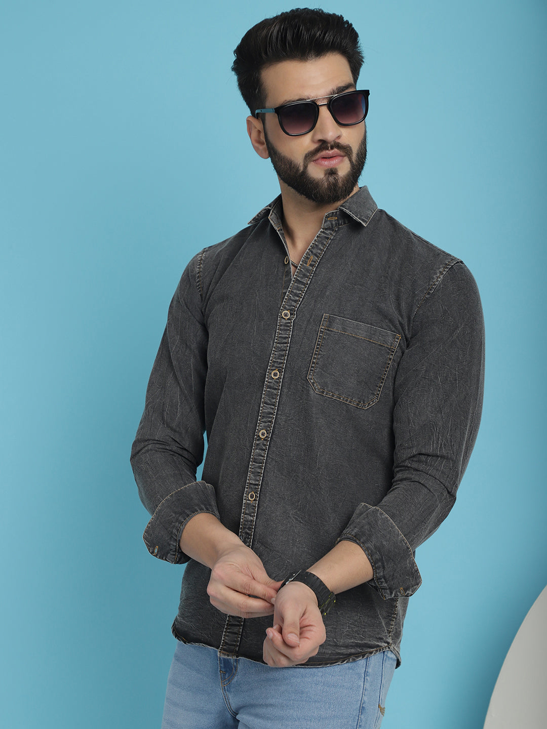 Indian Needle Men's Faded Cotton Denim Casual Shirt - Charcoal | Grocsy