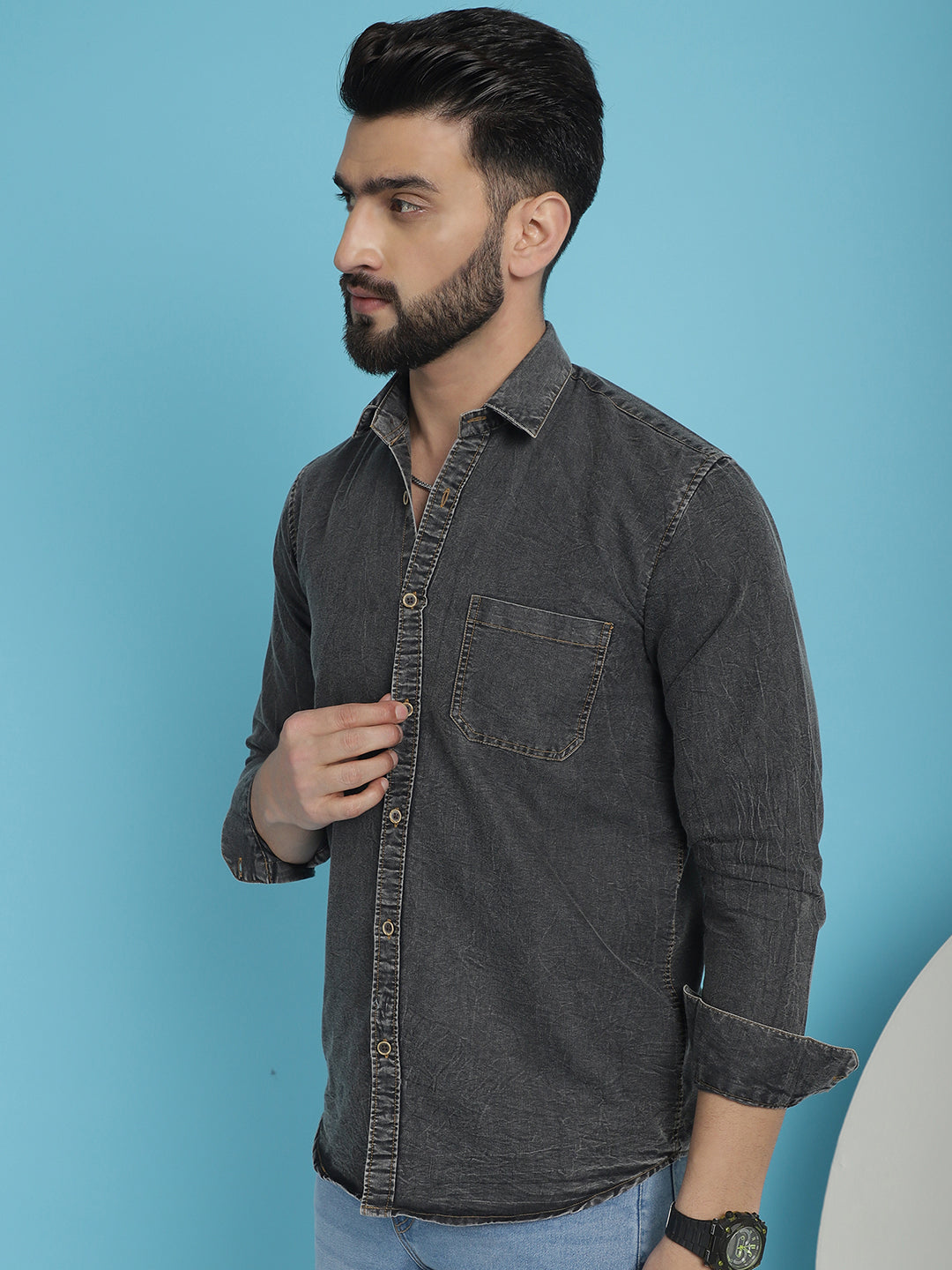 Indian Needle Men's Faded Cotton Denim Casual Shirt - Charcoal | Grocsy