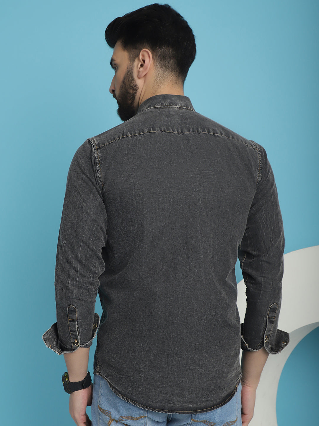 Indian Needle Men's Faded Cotton Denim Casual Shirt - Charcoal | Grocsy