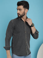 Indian Needle Men's Faded Cotton Denim Casual Shirt - Charcoal | Grocsy