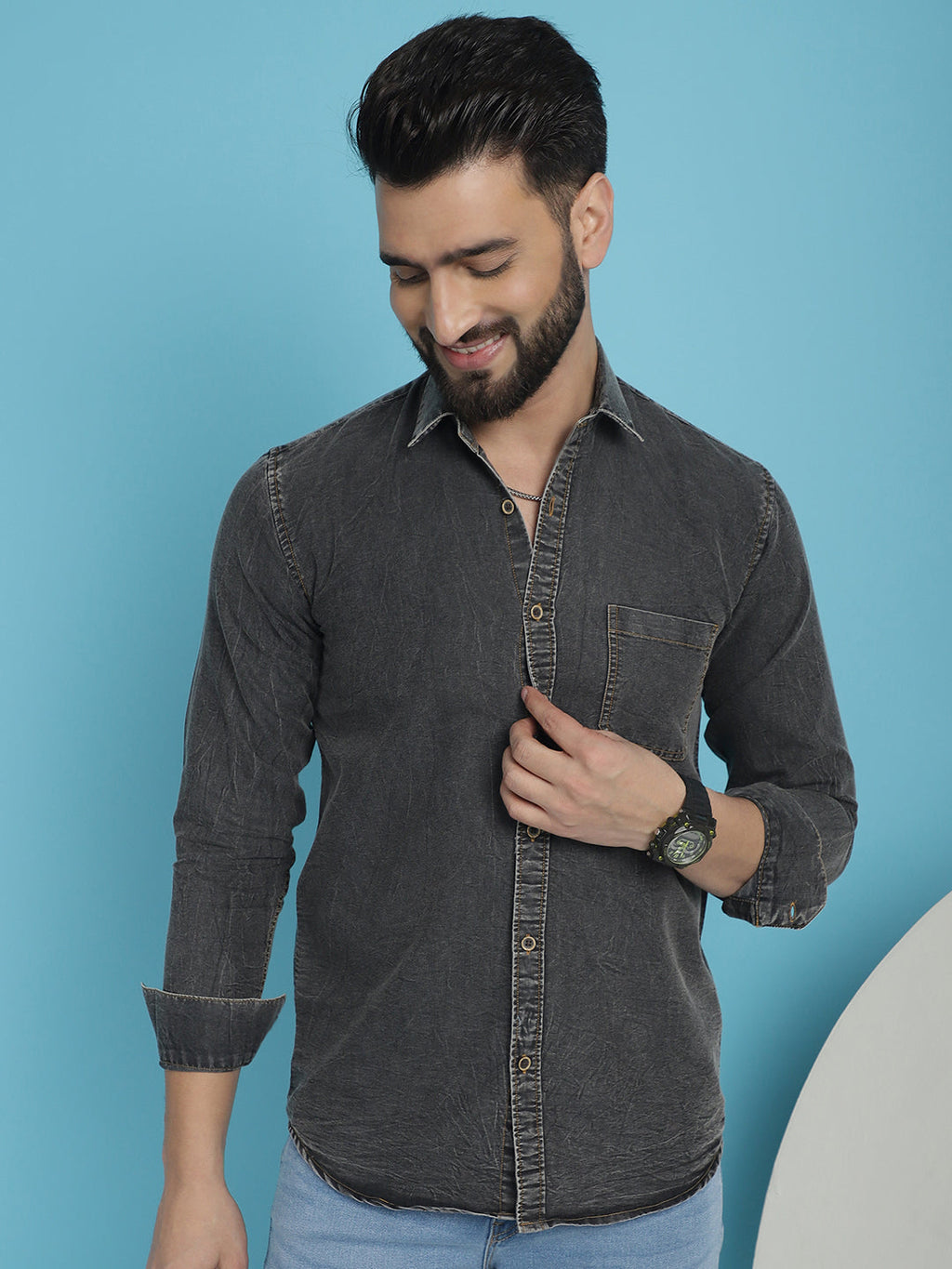 Indian Needle Men's Faded Cotton Denim Casual Shirt - Charcoal | Grocsy