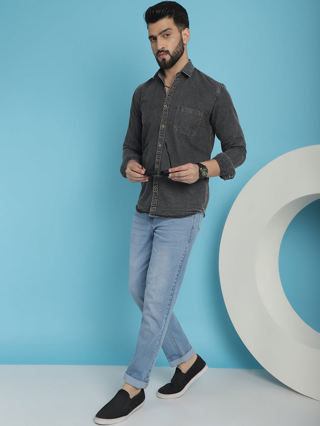 Indian Needle Men's Faded Cotton Denim Casual Shirt - Charcoal | Grocsy