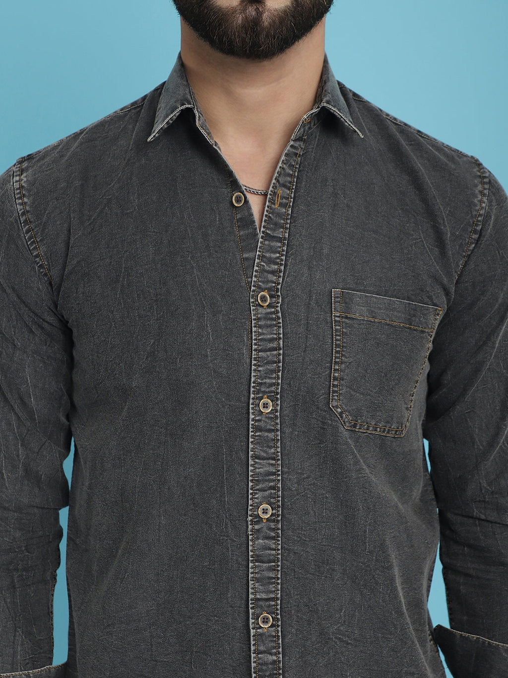Indian Needle Men's Faded Cotton Denim Casual Shirt - Charcoal | Grocsy