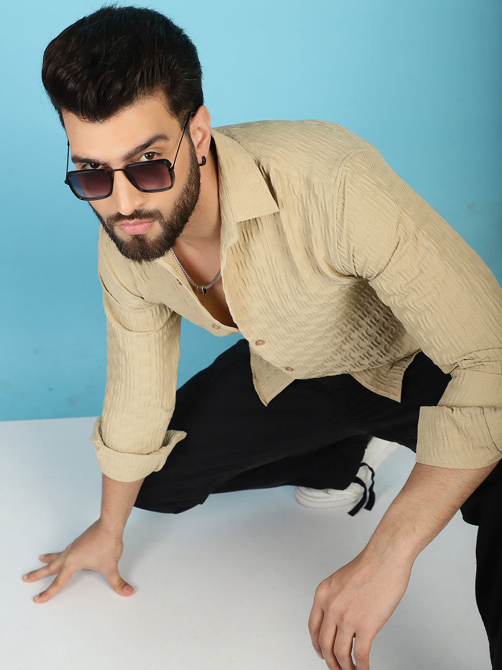 Indian Needle Men's Woven Design Casual Shirt - Beige | Grocsy