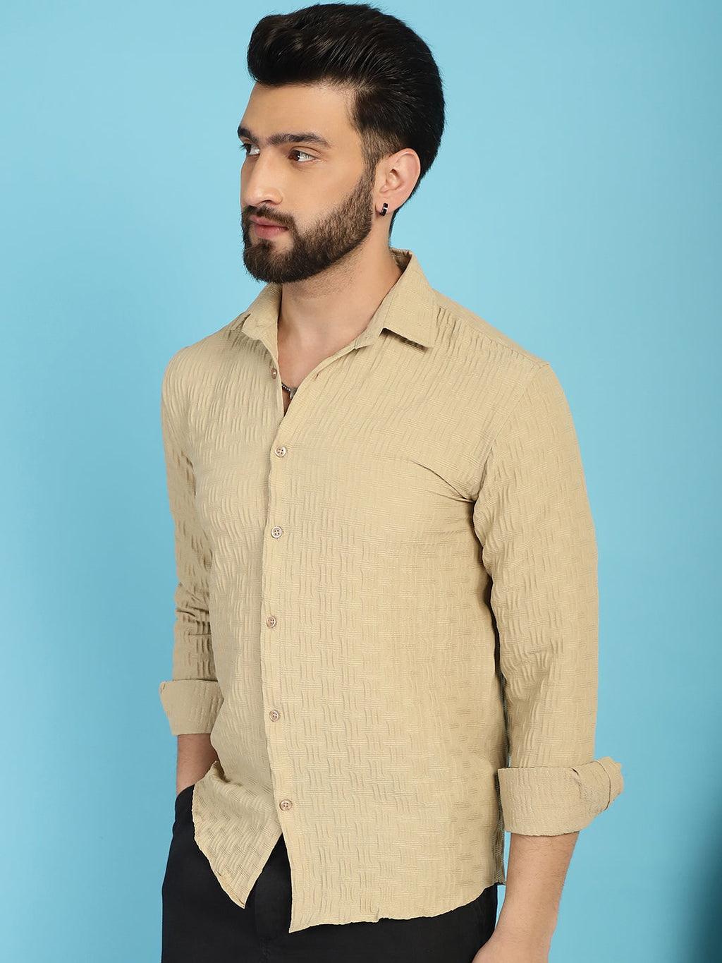 Indian Needle Men's Woven Design Casual Shirt - Beige | Grocsy