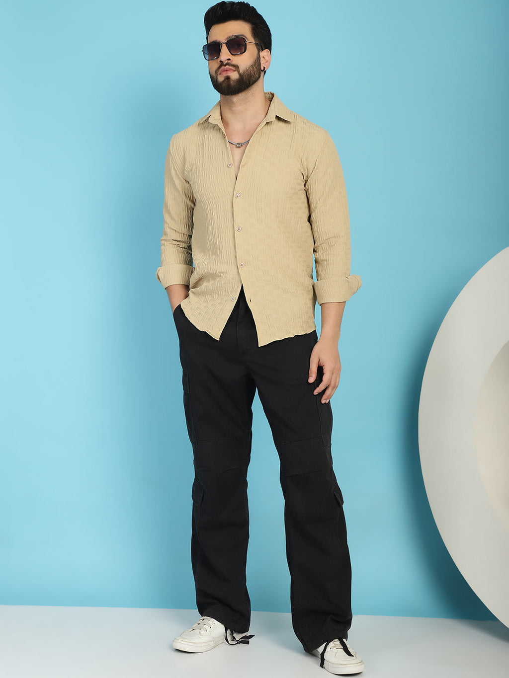 Indian Needle Men's Woven Design Casual Shirt - Beige | Grocsy