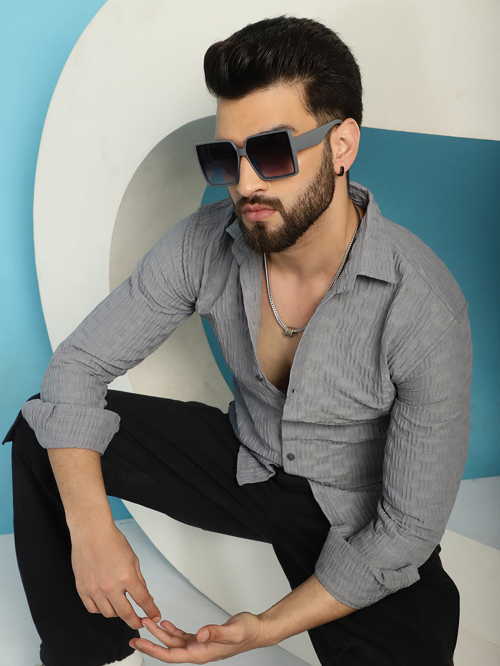 Indian Needle Men's Woven Design Casual Shirt - Light-Grey | Grocsy