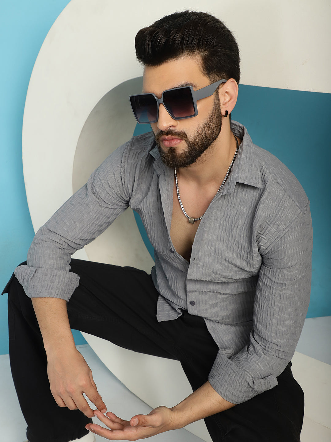 Indian Needle Men's Woven Design Casual Shirt - Light-Grey | Grocsy