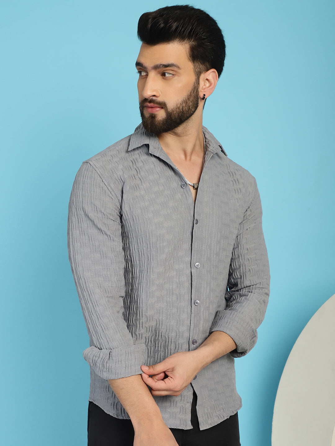 Indian Needle Men's Woven Design Casual Shirt - Light-Grey | Grocsy