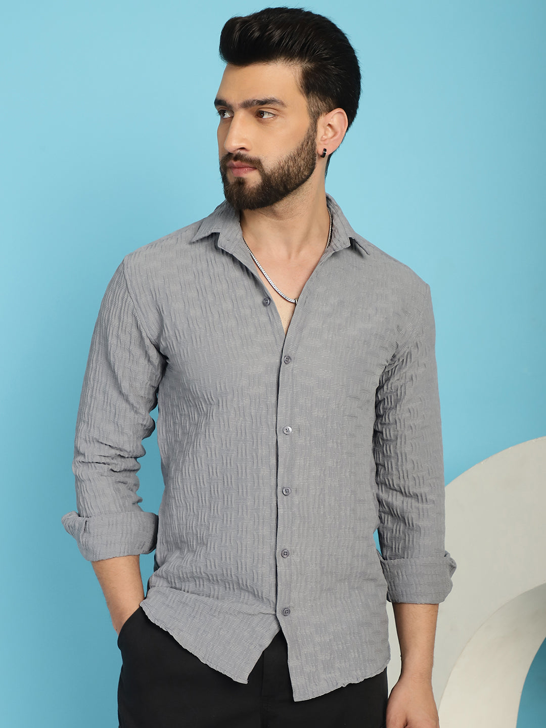 Indian Needle Men's Woven Design Casual Shirt - Light-Grey | Grocsy