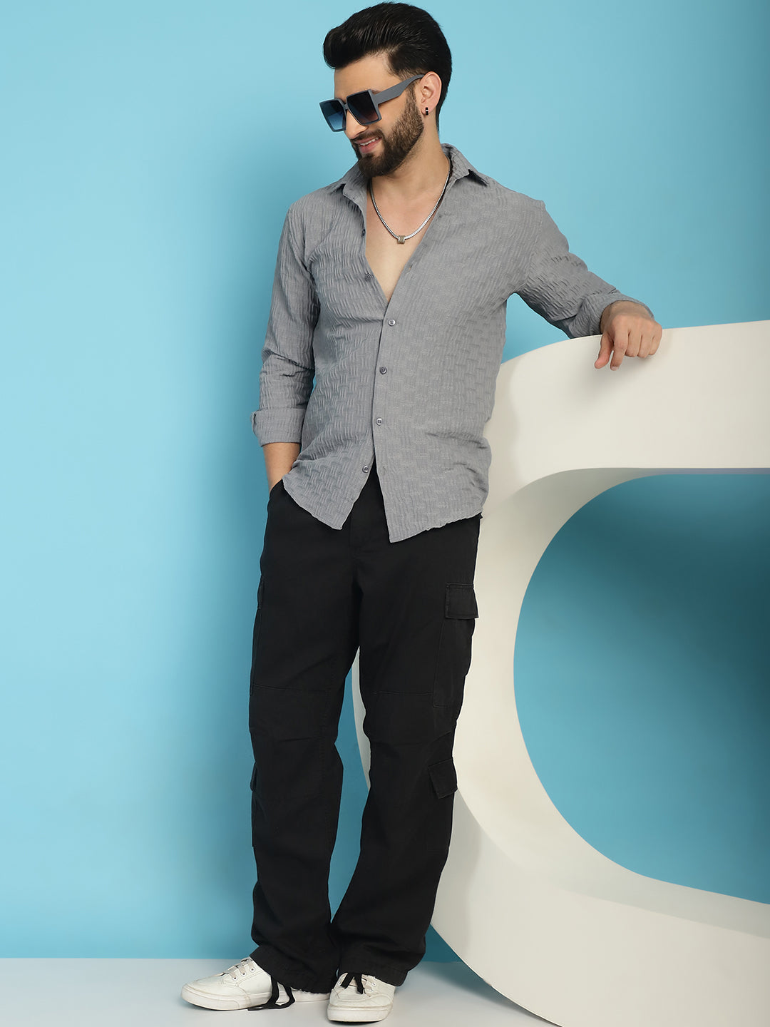Indian Needle Men's Woven Design Casual Shirt - Light-Grey | Grocsy