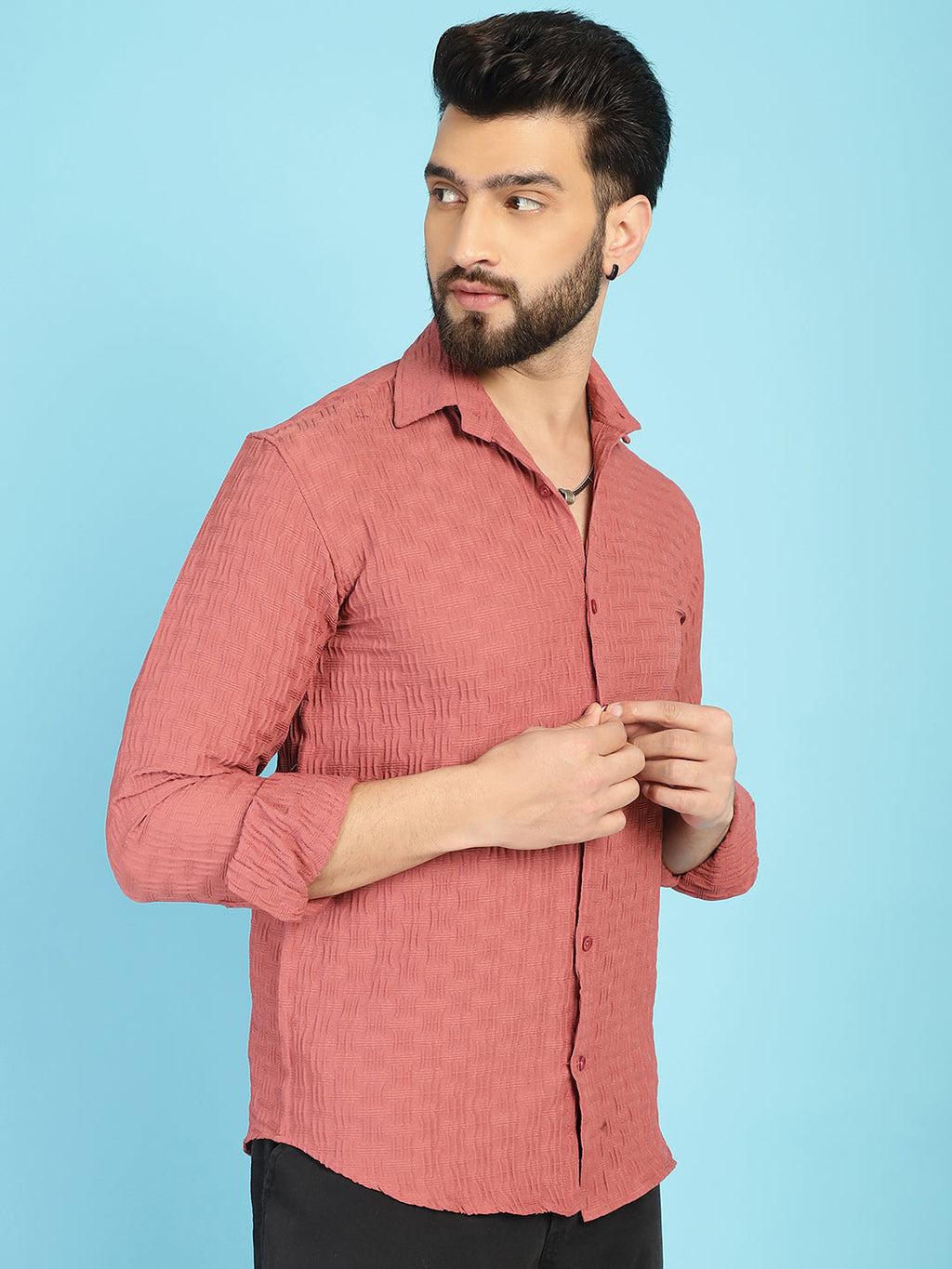 Indian Needle Men's Woven Design Casual Shirt - Peach | Grocsy