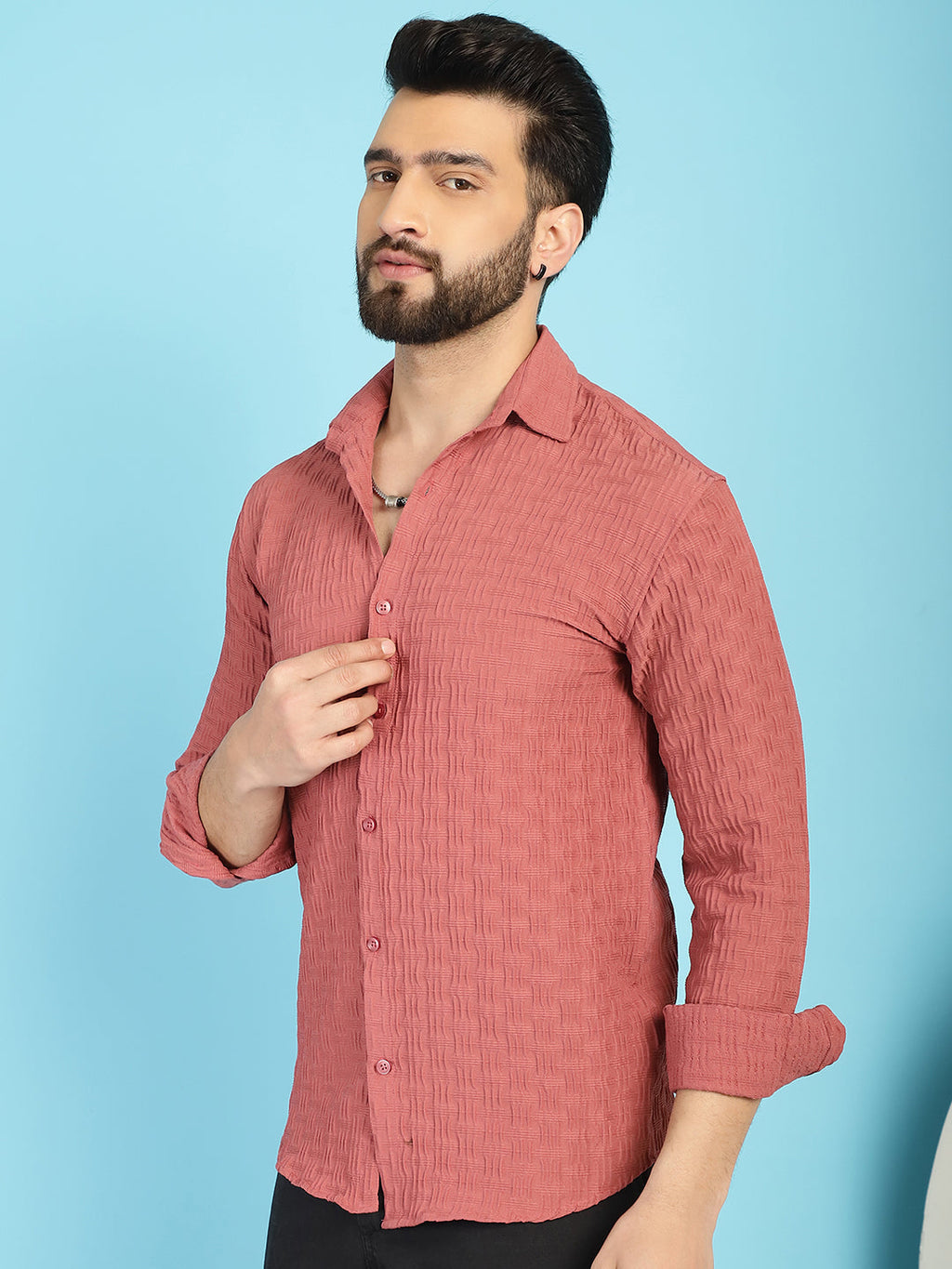 Indian Needle Men's Woven Design Casual Shirt - Peach | Grocsy