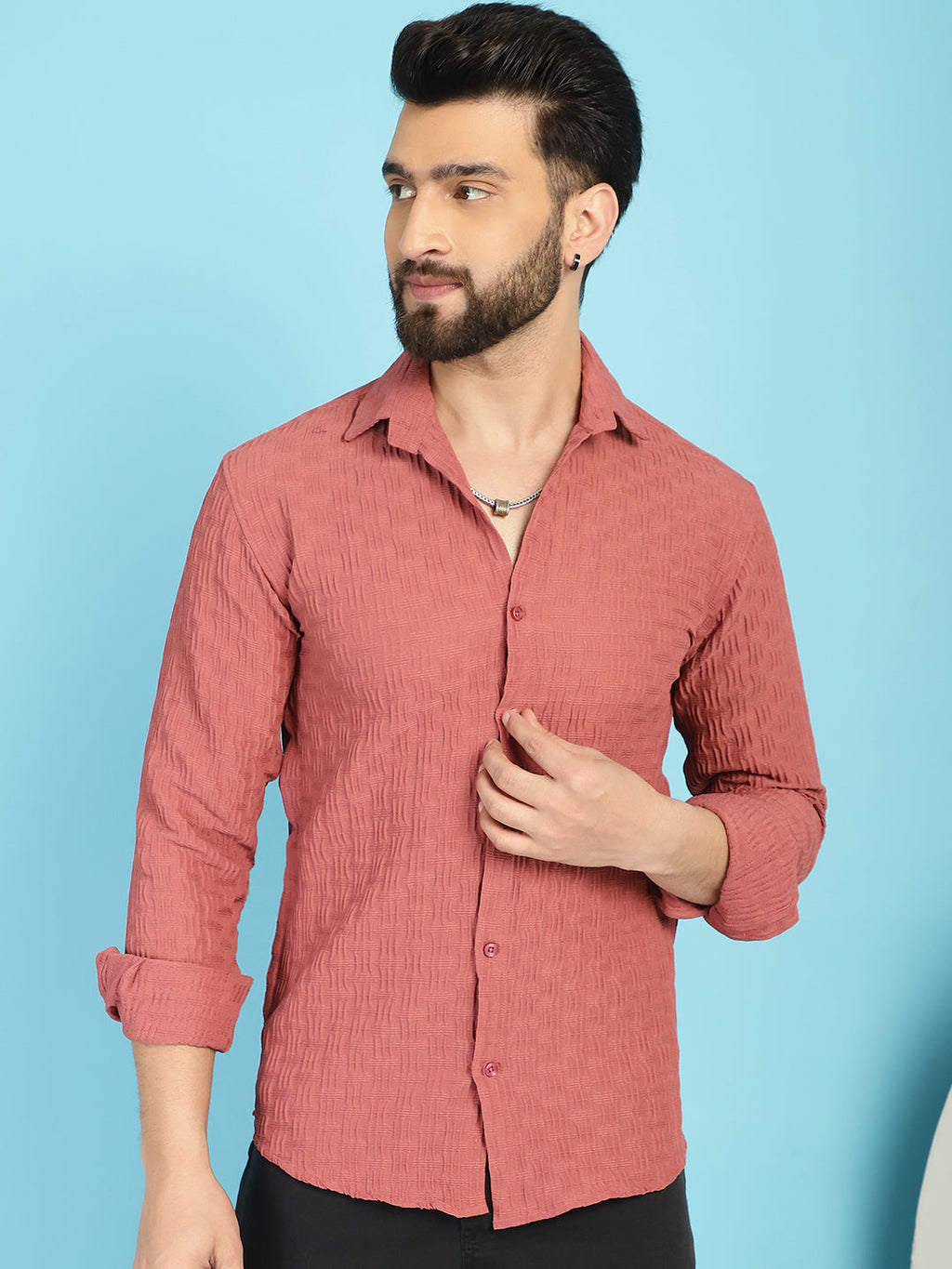 Indian Needle Men's Woven Design Casual Shirt - Peach | Grocsy