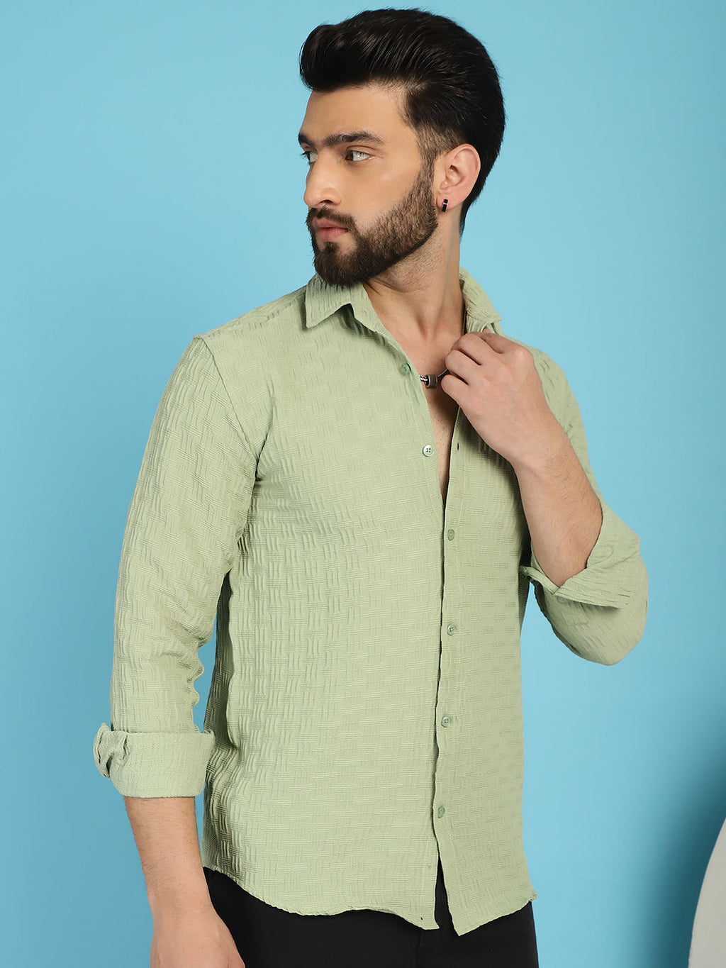 Indian Needle Men's Woven Design Casual Shirt - Pista | Grocsy
