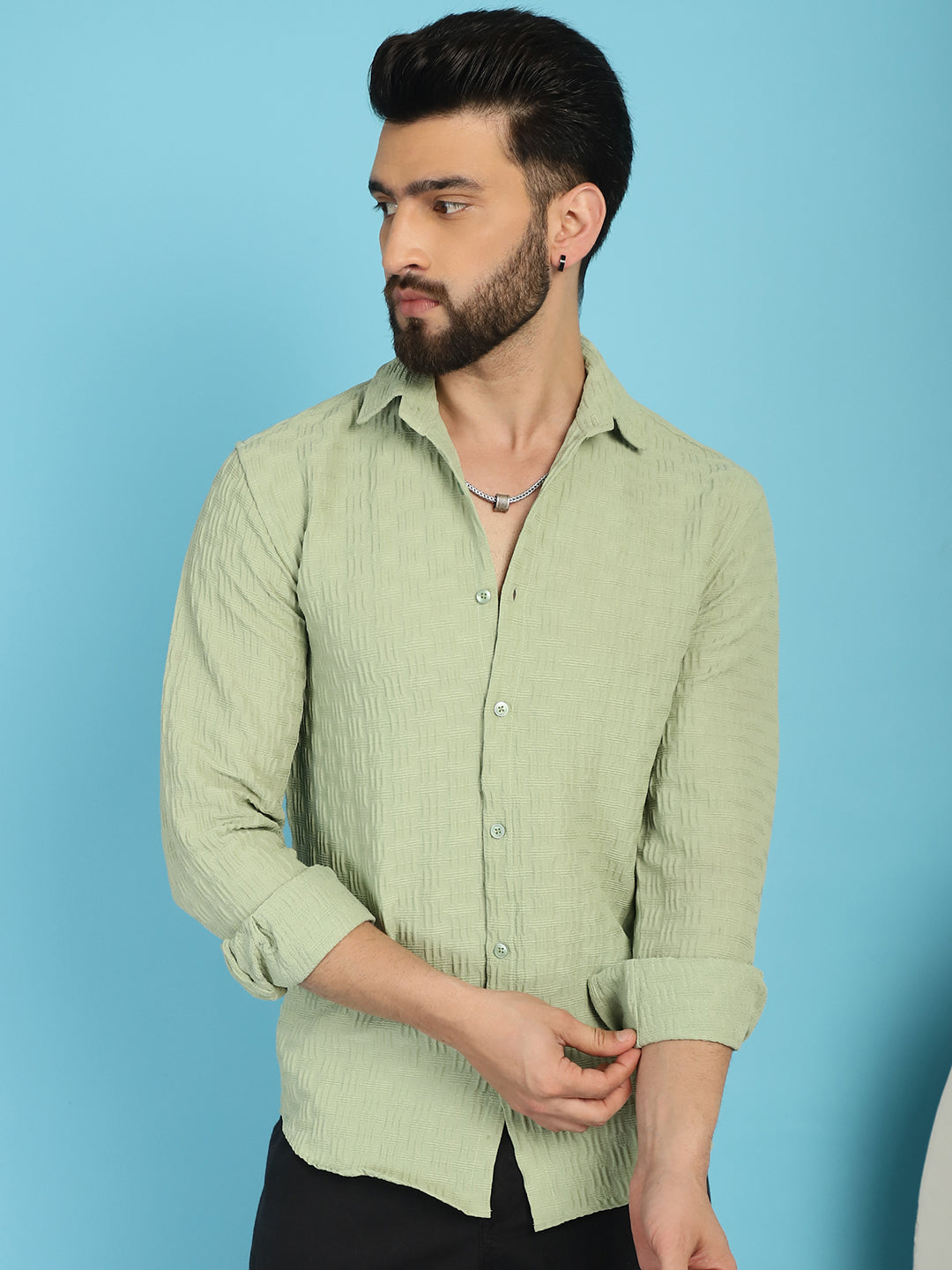 Indian Needle Men's Woven Design Casual Shirt - Pista | Grocsy