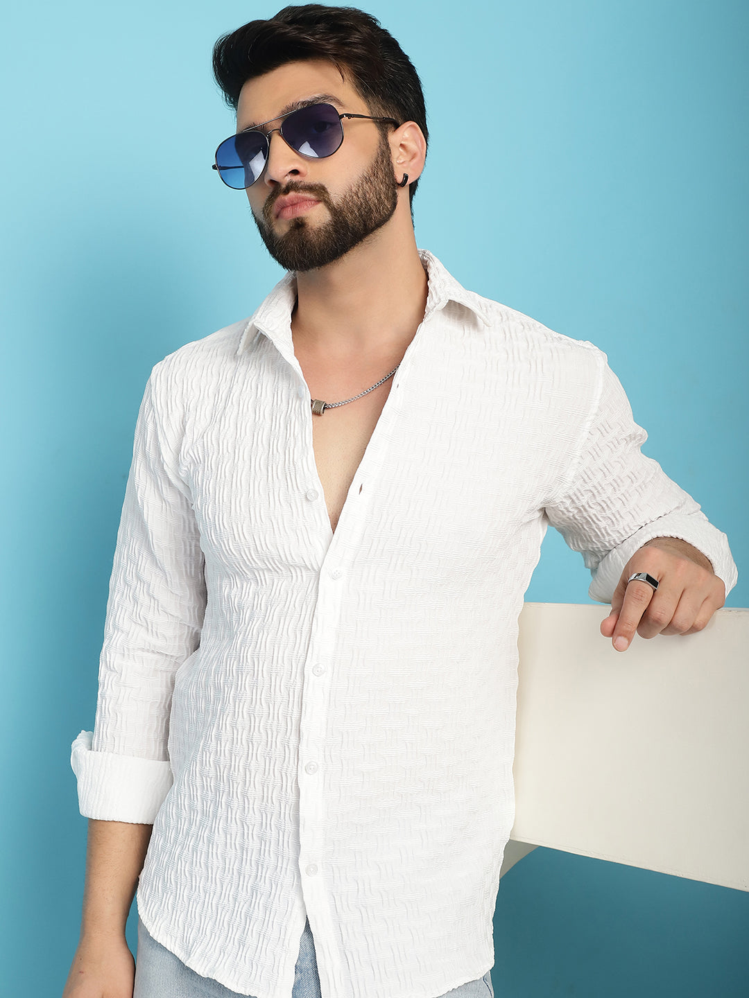 Indian Needle Men's Woven Design Casual Shirt - White | Grocsy
