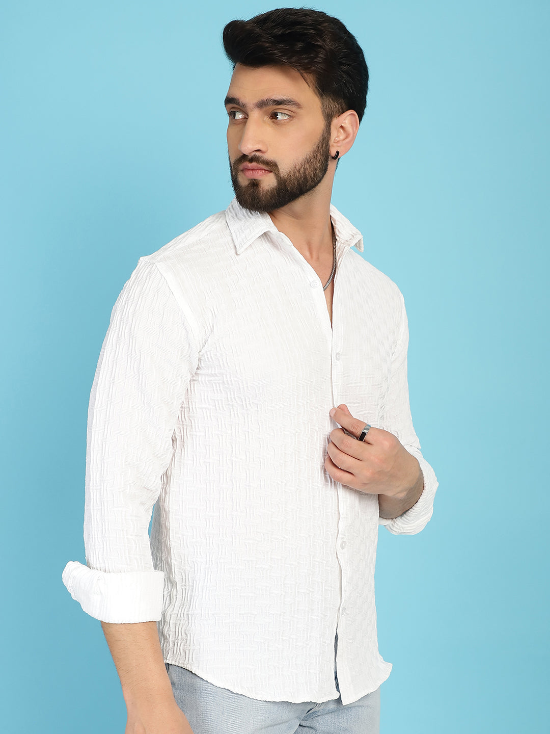 Indian Needle Men's Woven Design Casual Shirt - White | Grocsy