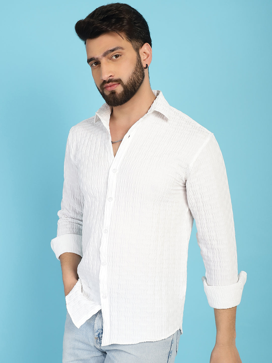 Indian Needle Men's Woven Design Casual Shirt - White | Grocsy