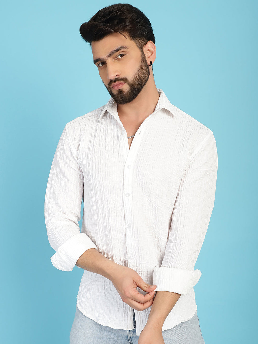 Indian Needle Men's Woven Design Casual Shirt - White | Grocsy