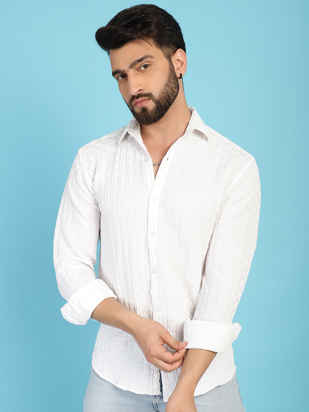 Indian Needle Men's Woven Design Casual Shirt - White | Grocsy