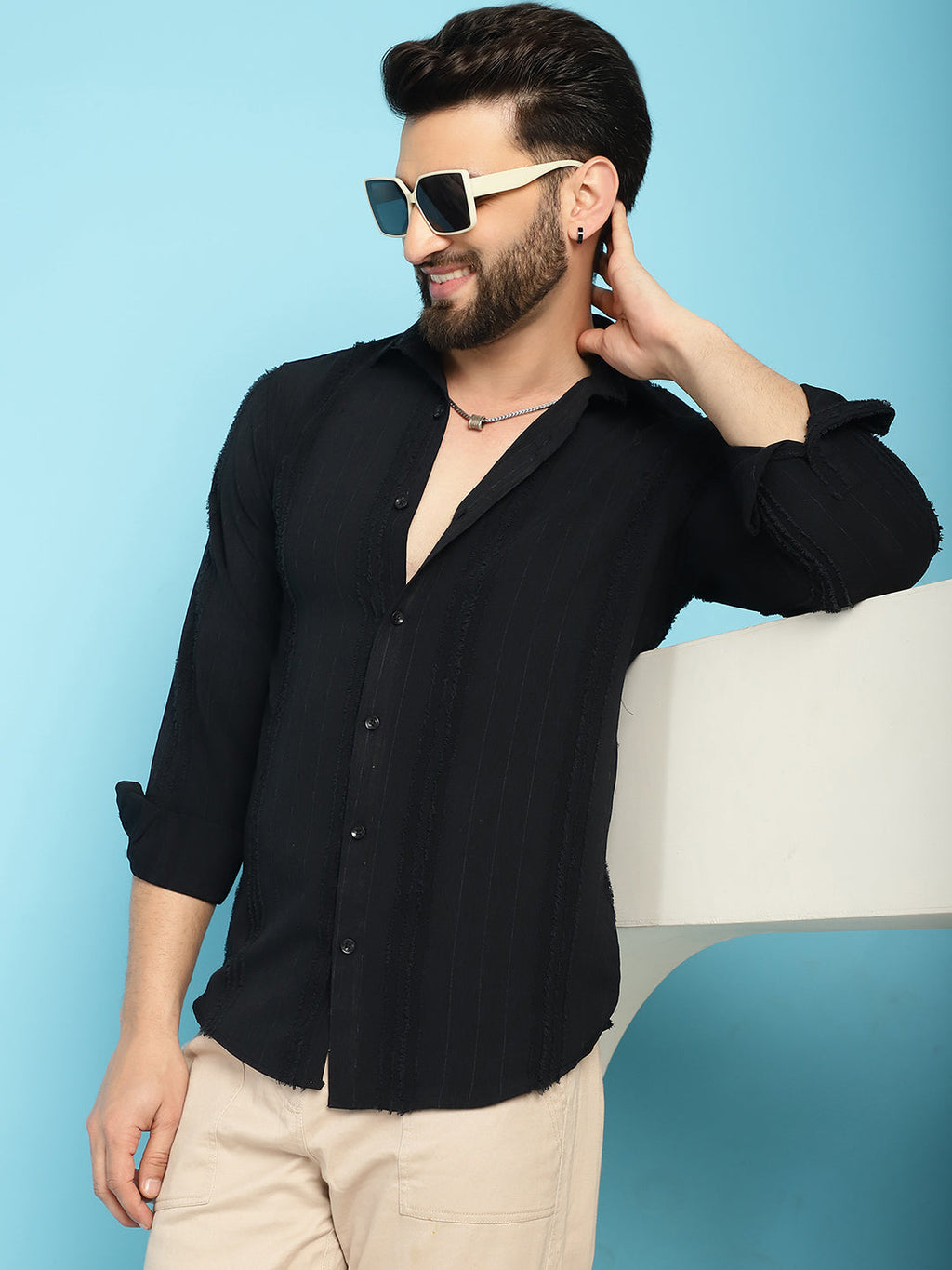 Indian Needle Men's Self Design Casual Shirt - Black | Grocsy