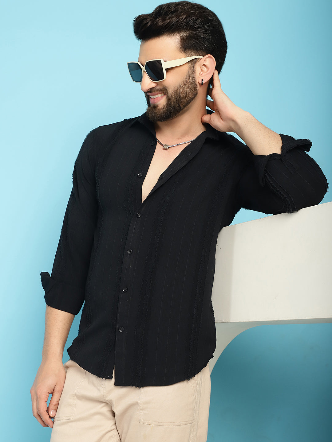 Indian Needle Men's Self Design Casual Shirt - Black | Grocsy