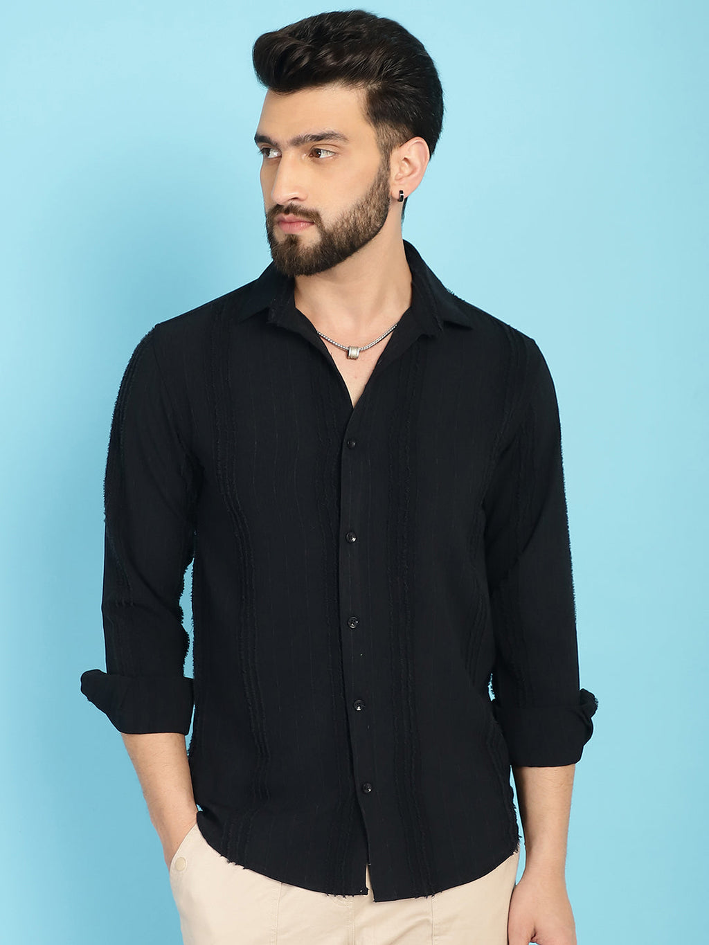 Indian Needle Men's Self Design Casual Shirt - Black | Grocsy