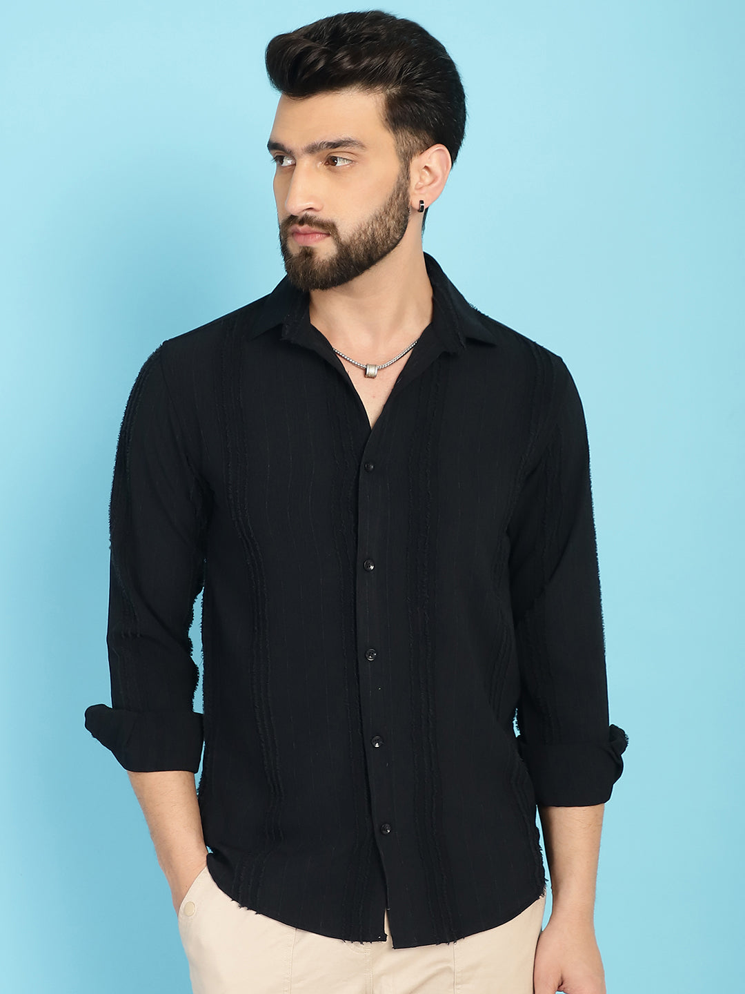 Indian Needle Men's Self Design Casual Shirt - Black | Grocsy