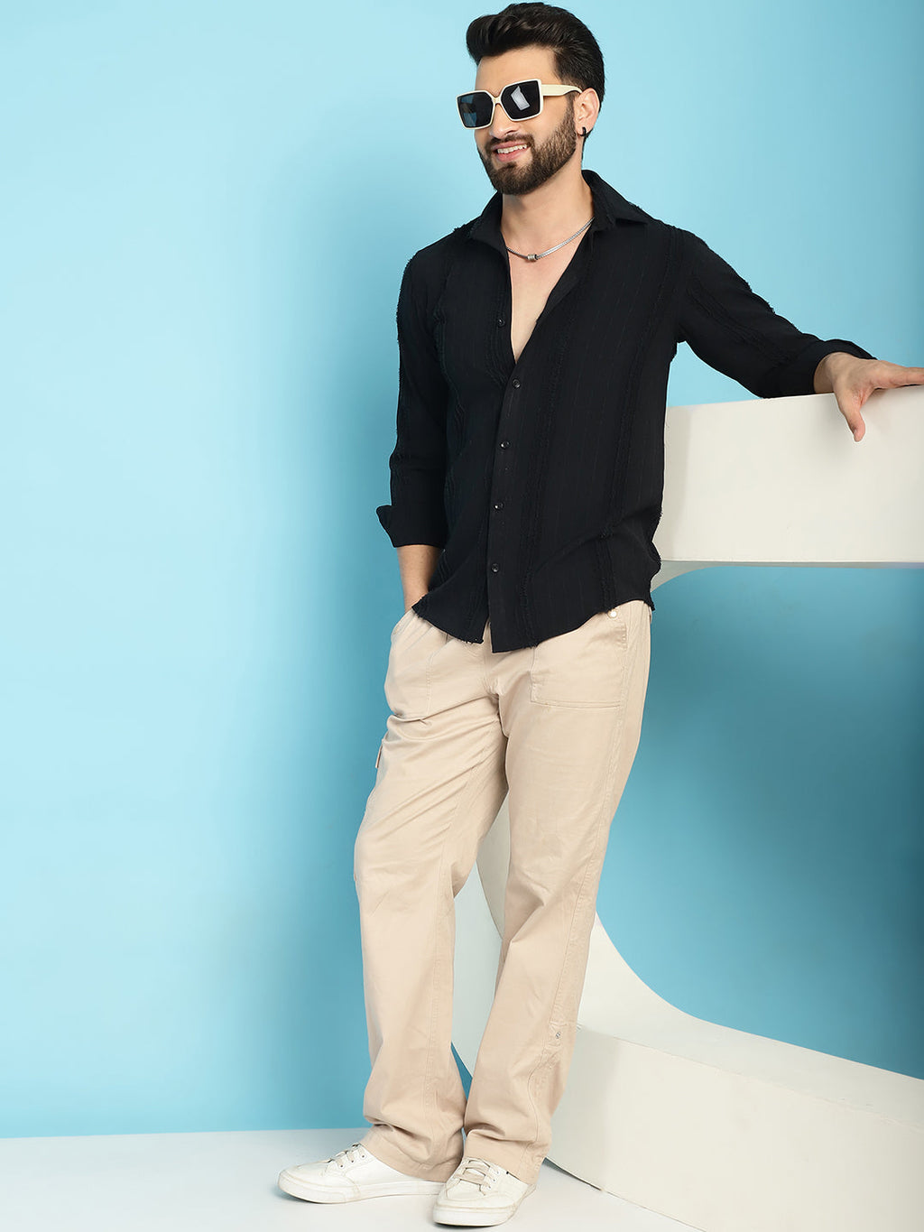 Indian Needle Men's Self Design Casual Shirt - Black | Grocsy